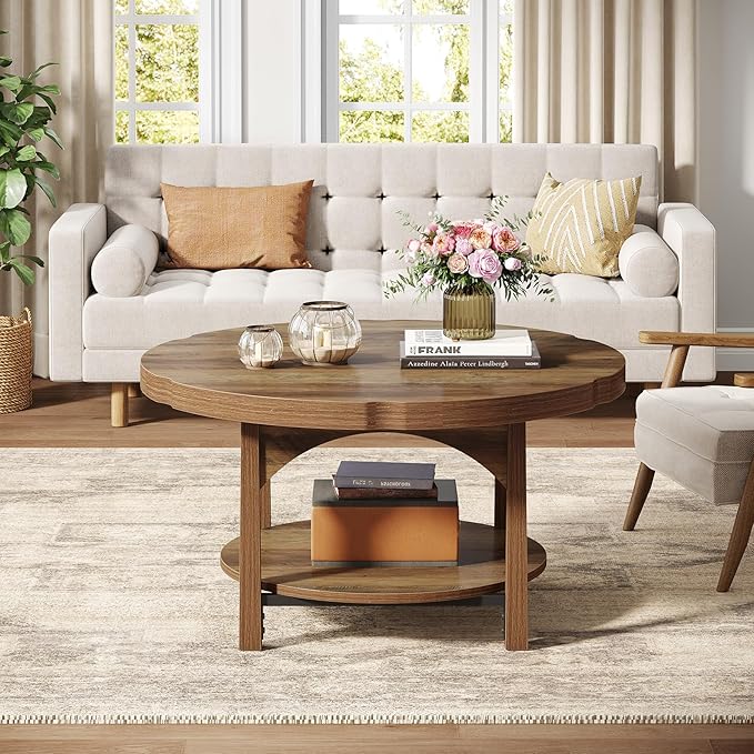 Tribesigns Round Coffee Table, 2-Tier Farmhouse Center Table with Storage Shelf, Rustic Wooden Cocktail Tables for Living Room