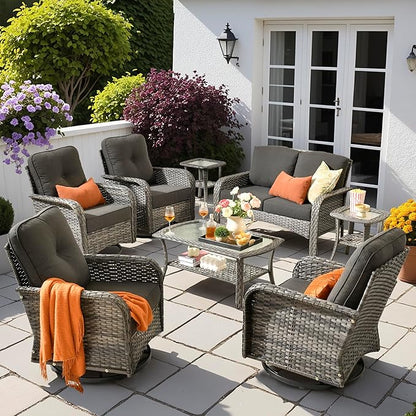 8 PCS Patio Outdoor Furniture Set with Swivel Rocking Chairs,All Weather Wicker Rattan Patio Seating Sofa and Chairs Set,Outdoor Conversaiton Sets for Deck Yard Prrch Garden Poolside,Black