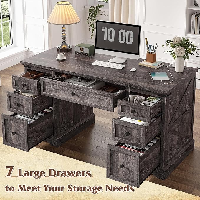EnHomee 58" W Farmhouse Executive Desk with Drawers, Wood Home Office Desks with Power Outlets, Rustic Computer Desk with Storage Cabinet for Working, Studying, Writing, Dark Rustic Oak