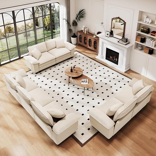PHI VILLA Cloud Modular Couches Sets, 3 Pieces Large Sectional Sofa Set with Loveseats, 7-Seater Upholstered Couch for Living Room, Chenille Corduroy Dual Fabric, Beige