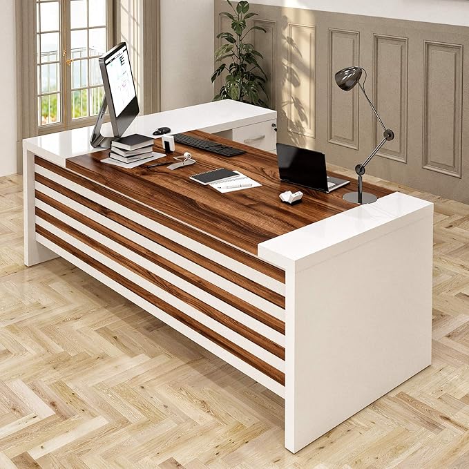 Leon 87" Wood Executive Large Desk for Home Office | Executive Right Side L Shaped Corner Desk & File Drawers w/Telescopic Rail | Modern Business Furniture | White & Brown