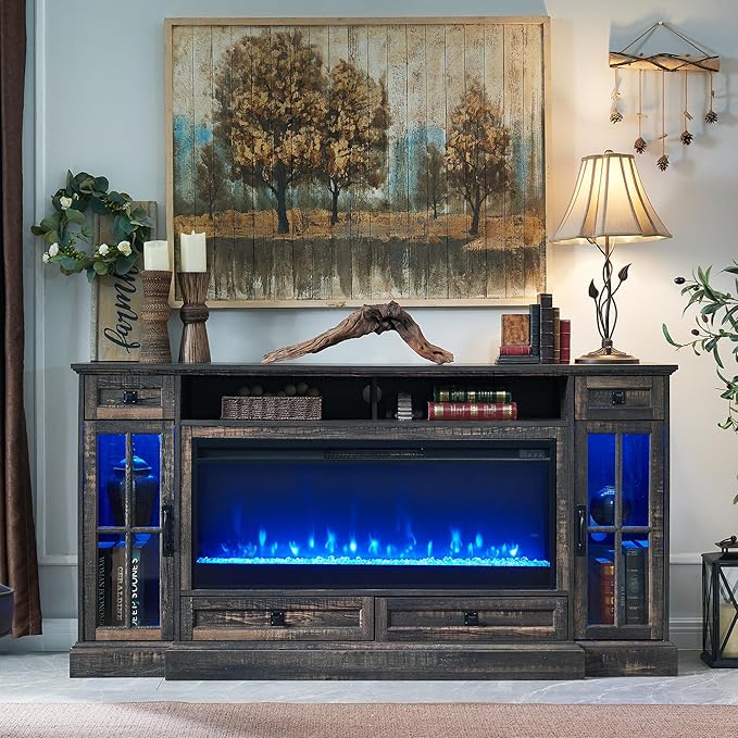 OKD Fireplace TV Stand for 80 Inch TV, Farmhouse Entertainment Center with 42" Fireplace & LED Lights, Modern Media Console Table with Storage Drawers & Cabinets for Living Room, Dark Rustic Oak
