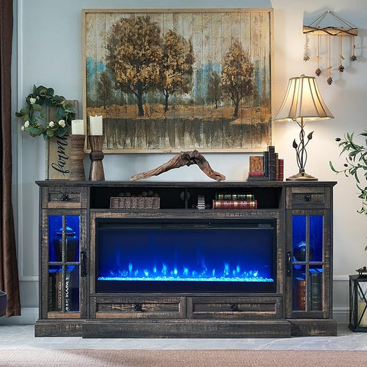 OKD Fireplace TV Stand for 80 Inch TV, Farmhouse Entertainment Center with 42" Fireplace & LED Lights, Modern Media Console Table with Storage Drawers & Cabinets for Living Room, Dark Rustic Oak