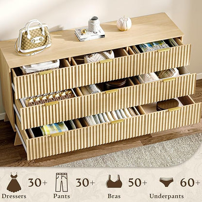 Fluted Dresser for Bedroom with 9 Drawers, 57" Mid Century Modern Dresser of Closet TV Stand, Nature Wood Dressers with Gold Handle, Boho Closet Wide Modern Chest of Drawers, Natural