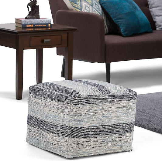 SIMPLIHOME Clay Boho Square Pouf in Patterned Blue Melange Cotton for the Living Room, Bedroom and Kids Room