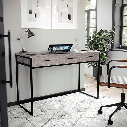Martha Stewart Ollie Home Office Desk with 3 Drawers in Gray Wood Grain with Oil Rubbed Bronze Hardware