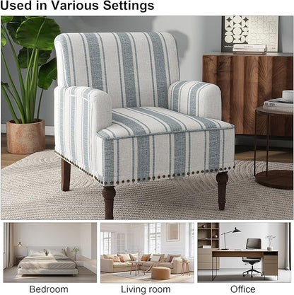 Accent Chair, Mid Century Modern Comfy Armchair for Living Room, Linen Fabric Single Sofa Lounge for Reading Bedroom Apartment Waiting Room with Wood Legs (Blue Stripe, Set of 1)