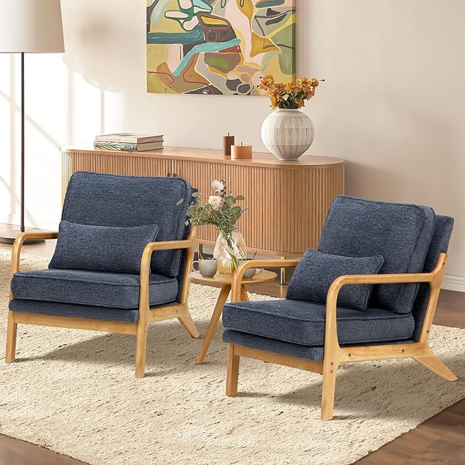 COLAMY Mid Century Modern Accent Chair Set of 2 with Lumbar Pillow, Relaxing Armchair with Solid Wood Frame & Soft Cushion, Reading Leisure Chair for Living Room（Blue）