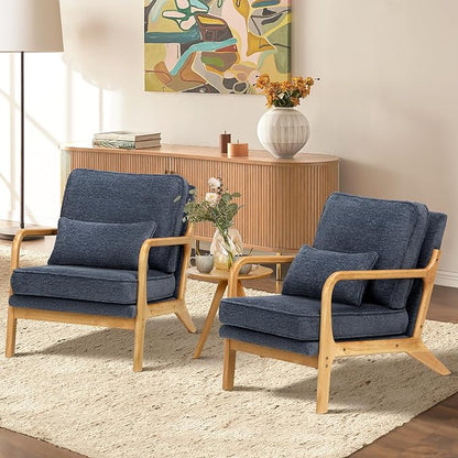 COLAMY Mid Century Modern Accent Chair Set of 2 with Lumbar Pillow, Relaxing Armchair with Solid Wood Frame & Soft Cushion, Reading Leisure Chair for Living Room（Blue）