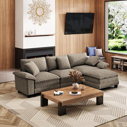 123-Inch L Shaped Sectional Sofa with Cloud Cushions, Deep Seat Modular Couch Set w/ 4 Seats & 1 Ottomans, Removable Arms, Plush Chenille Upholstery for Living Room, Apartment - Smoky Gray