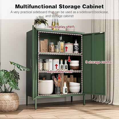 Green Metal Locker Cabinet with 2 Doors, Metal Accent Cabinets with 2 Adjustable Shelves Home Office Storage Lockers Sideboard for Kitchen Living Room Hallway Entryway