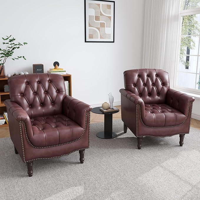 UIXE Faux Leather Accent Chair for Living Room, Tufted Arm Chair Retro Upholstered Club Armchair with Solid Wood Legs, Burgundy Red