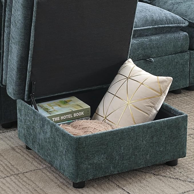 27" Large Square Ottoman with Storage, Modern Upholstered Footrest with Anti-Slip Legs for Couch Coffee Table Living Room, Bedroom, Entryway, Chenille Blue