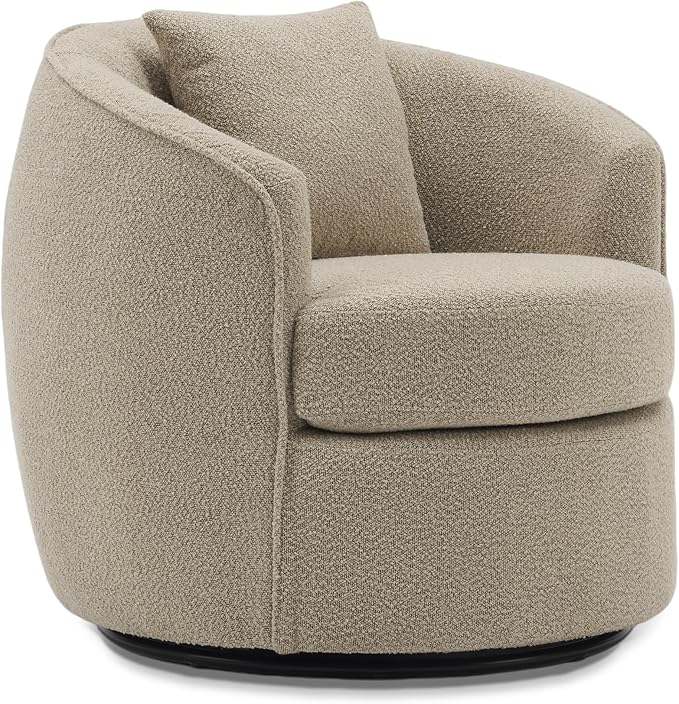 Swivel Accent Chair, Modern Upholstered Boucle Barrel Arm Chairs with Pillow for Living Room, 360 Degree Round Swivel Sherpa Armchair with Round Base for Bedroom Club (1, Light Brown)