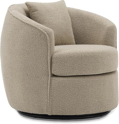 Swivel Accent Chair, Modern Upholstered Boucle Barrel Arm Chairs with Pillow for Living Room, 360 Degree Round Swivel Sherpa Armchair with Round Base for Bedroom Club (1, Light Brown)