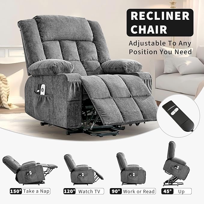 Large Power Lift Recliner Chair for Elderly Wide Electric Lift Chair with Massage and Heat for Big and Tall Adults Reclining Sofa Chair with Remote Control, Cup Holders, Side Pockets, USB Port, Gray
