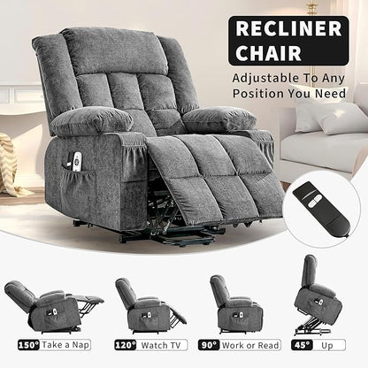 Large Power Lift Recliner Chair for Elderly Wide Electric Lift Chair with Massage and Heat for Big and Tall Adults Reclining Sofa Chair with Remote Control, Cup Holders, Side Pockets, USB Port, Gray