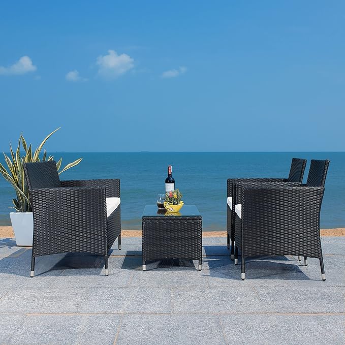 SAFAVIEH PAT7506A Collection Bandele Black and Beige 4-Piece Outdoor Living Patio Set