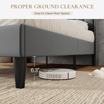 SHA CERLIN King Size Bed Frame with Charging Station and LED Lights, Modern Velvet Platform Bed with Upholstered Geometric Wingback Headboard, No Box Spring Needed, Easy Assembly, Grey