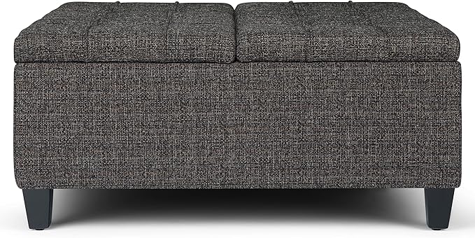SIMPLIHOME Harrison 36 inch Wide Transitional Square Coffee Table Storage Ottoman in Ebony Tweed Look Fabric, Assembled, For the Living Room and Bedroom
