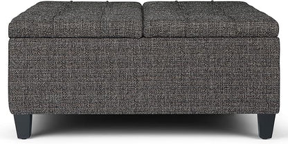 SIMPLIHOME Harrison 36 inch Wide Transitional Square Coffee Table Storage Ottoman in Ebony Tweed Look Fabric, Assembled, For the Living Room and Bedroom