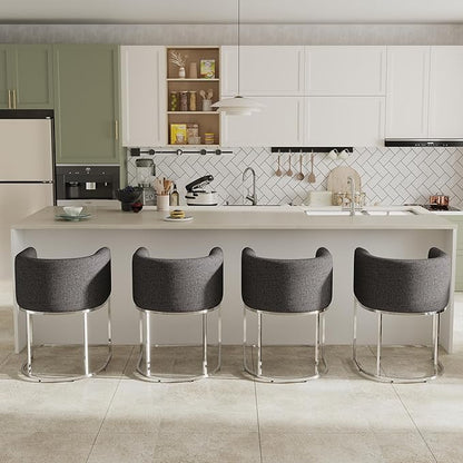 Contemporary Charcoal Linen Bar Stools Set of 4, 24" Upholstered Fabric Counter Height Barstools Kitchen Counter Island Stools with Screwed Together Chrome Finish Base