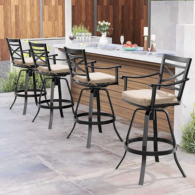 Pellebant 30" Sunbrella Outdoor Bar Stools Set of 6, Aluminum Swivel Patio Bar Height Bar Stools with Back & Footrest, for Deck Lawn Garden(Canvas Antique Beige)