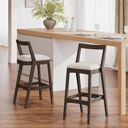 Christopher Knight Home Yone Counter Height Bar Stools Set of 2, Comfy Fabric Upholstered Bar Stool for Kitchen Island, Wooden Dining Room Chair, Barstools with Footrest/Backrest, Beige + Dark Brown