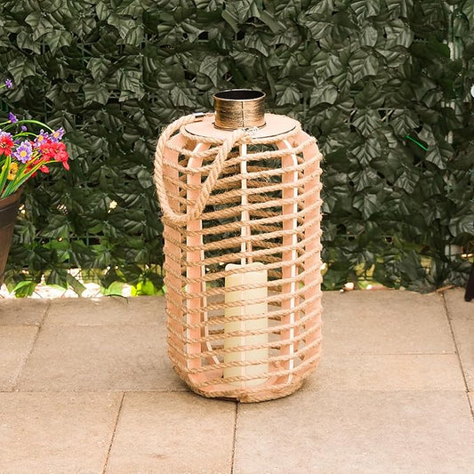 Alpine Corporation SKY392TM 28" H, Hemp Rope Wooden Lantern with Flickering LED Lights, Garden Decor for Patio, Lawn, and Yard