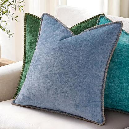 decorUhome Christmas Chenille Soft Throw Pillow Covers 16x16 Set of 2, Farmhouse Velvet Neutral Decorative Euro Pillow Covers with Stitched Edge for Couch Sofa Bed Home Decor, Green
