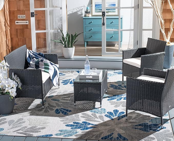 SAFAVIEH PAT7506A Collection Bandele Black and Beige 4-Piece Outdoor Living Patio Set