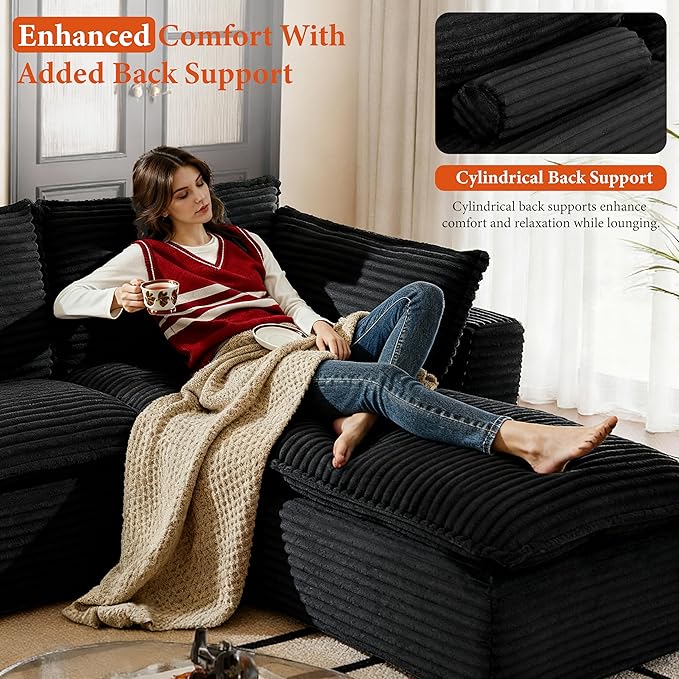 108" Sectional Couches for Living Room Boneless Couch Upholstered Cloud Couch Sectional Modular Sectional Sofa with L Shaped (Corduroy-Black, 3 Seat+1 Ottoman)