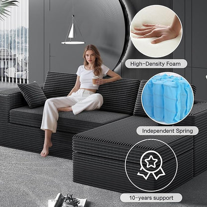 108-inch Boneless Couch for Living Room，Comfy Boneless Sofa with Deep Seats & Chaise Lounge, 3-Seat Modular Sofa Memory Foam Sectional Couches - No Assembly Required(Dark Grey)