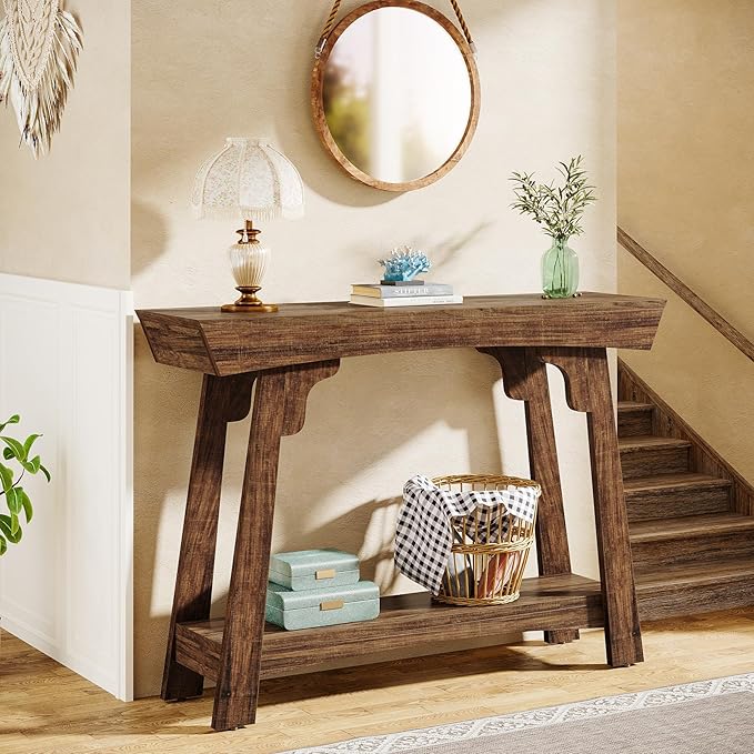 Tribesigns 41.3" Farmhouse Console Table, Small Entryway Table with 2-Tier Storage, Narrow Wooden Sofa Table Behind Couch for Living Room, Foyer, Hallway, Rustic Brown