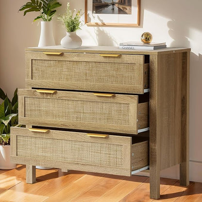 3 Drawer Dressers for Bedroom, Rattan Dresser with Drawers, Modern Wood Dresser with Metal Handles, Chest of Drawers for Bedroom, Living Room, Entryway (3 Drawer)