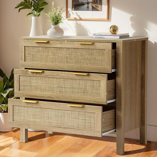 3 Drawer Dressers for Bedroom, Rattan Dresser with Drawers, Modern Wood Dresser with Metal Handles, Chest of Drawers for Bedroom, Living Room, Entryway (3 Drawer)