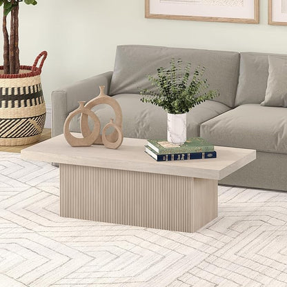 Henn&Hart 48" Fluted Low-Profile Coffee Table with Solid Base for Living Room, Family Room, or Office, Alder White