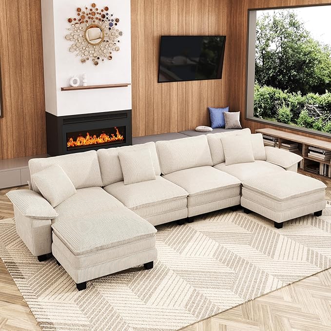157-Inch U Shaped Sectional Sofa with Cloud Cushions, Deep Seat Modular Couch Set w/ 6 Seats & 2 Ottomans, Removable Arms, Plush Corduroy Upholstery for Living Room, Apartment - Beige