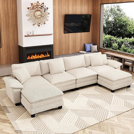 157-Inch U Shaped Sectional Sofa with Cloud Cushions, Deep Seat Modular Couch Set w/ 6 Seats & 2 Ottomans, Removable Arms, Plush Corduroy Upholstery for Living Room, Apartment - Beige