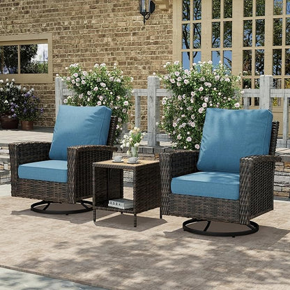 HERA'S HOUSE Oversized Patio Wicker Chairs, High Back Outdoor Swivel Chairs Set of 2 with Rattan Side Table, 5.5" Thick Cushions, 3-Piece Patio Furniture Sets for Deck Porch Pool, Brown/Blue
