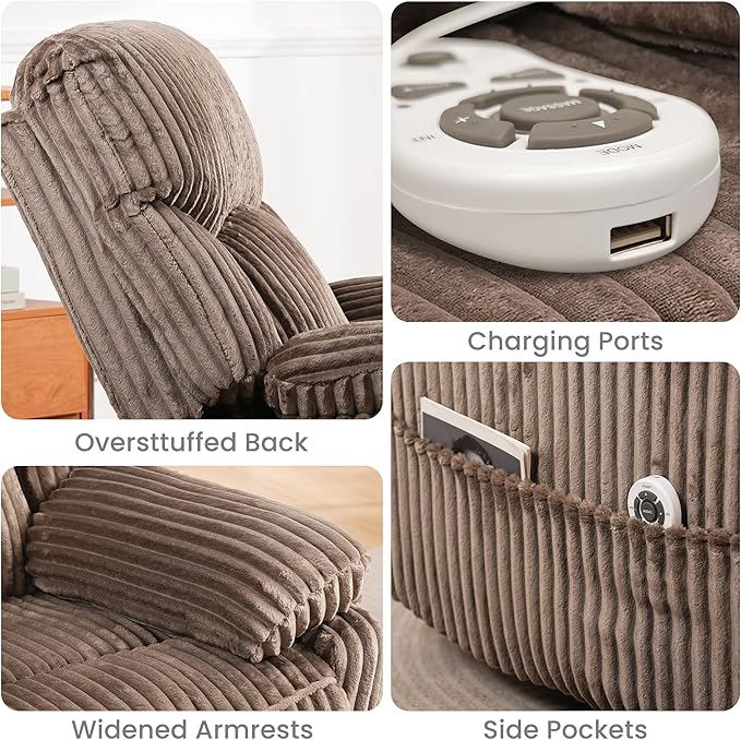 Power Swivel Rocker Recliner Chair with Massage and Heat for Adults, Electric Infinite Position Recliner with USB Charging Port, Corduroy and PU Leather Mixed Fabric, Easy Assembly (Brown)