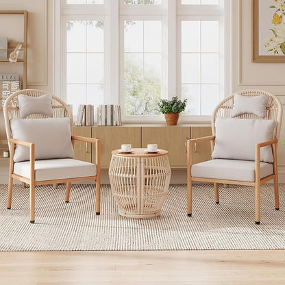 Modern Living Room Chairs, Accent Chairs Set of 2 with Coffee Table, Comfy Arm Chair with Cushions, Rattan Reading Lounge Chair with Metal Frame, Armchair for Bedrooom/Indoor/Outdoor, Beige