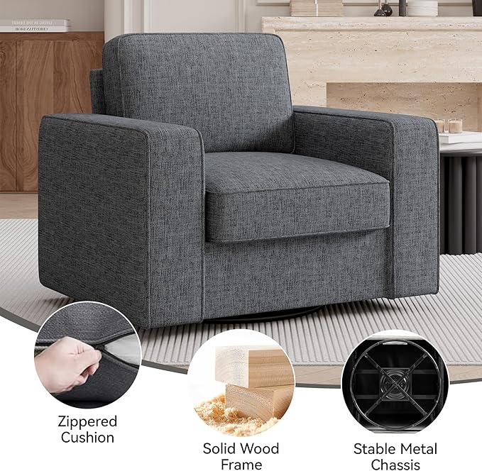 360 Degree Rotation Swivel Accent Sofa Chairs, 36'' Width Oversized Armchairs 1 pcs Linen Living Room-Dark Gray