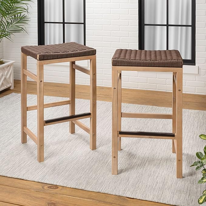 JONATHAN Y BSL1201C-SET2 Armand 30" Modern Coastal Backless Acacia Wood Outdoor Bar Stool with Woven Rope Seat, for Pool, Deck, Poolside, Light Teak/Brown (Set of 2)