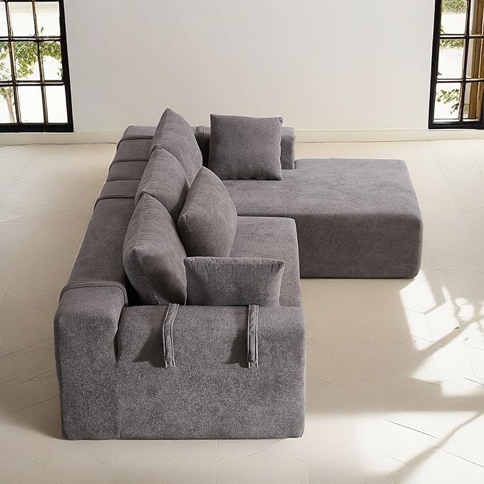 108" Modular Sectional Couch Sofa with L-Shape Chaise, Modern Cloud Comfy Sofa with Deep Seat, Upholstered Couches for Living Room Bedroom, No Assembly Required (Grey Right Facing Chaise)