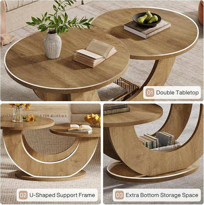 Tribesigns 46-inch Round Coffee Table, Modern Living Room Coffee Table with Funky U-Shaped Frame, Low Accent Center Tea Table for Home, Apartment, Oak