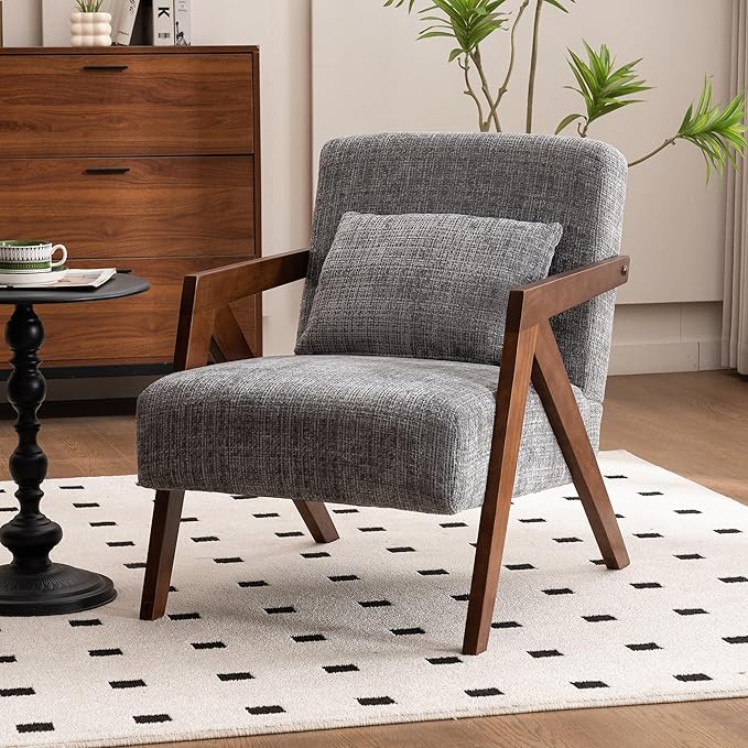 Mid-Century Modern Accent Chair with Solid Wood Frame，Upholstered Chenille Living Room Arm Chairs with Pillow for Bedroom, Living Room, Reading Room, Balcony, Grey