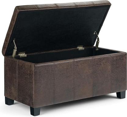 SIMPLIHOME Dover 36 inch Wide Contemporary Rectangle Storage Ottoman Bench in Distressed Brown Vegan Faux Leather, Assembled, for the Living Room, Entryway and Family Room