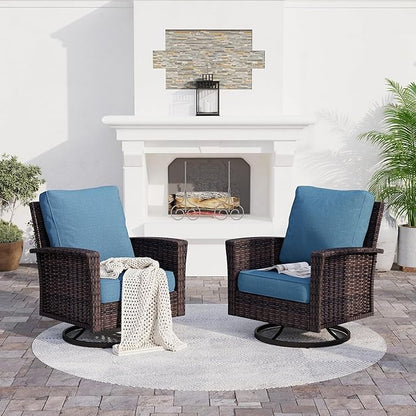 Patio Wicker Swivel Chairs Set of 2, Outdoor High Back Chairs with 5.5" Waterproof Cushions, Outdoor Furniture Set for Deck Porch and Yard, Peacock Blue