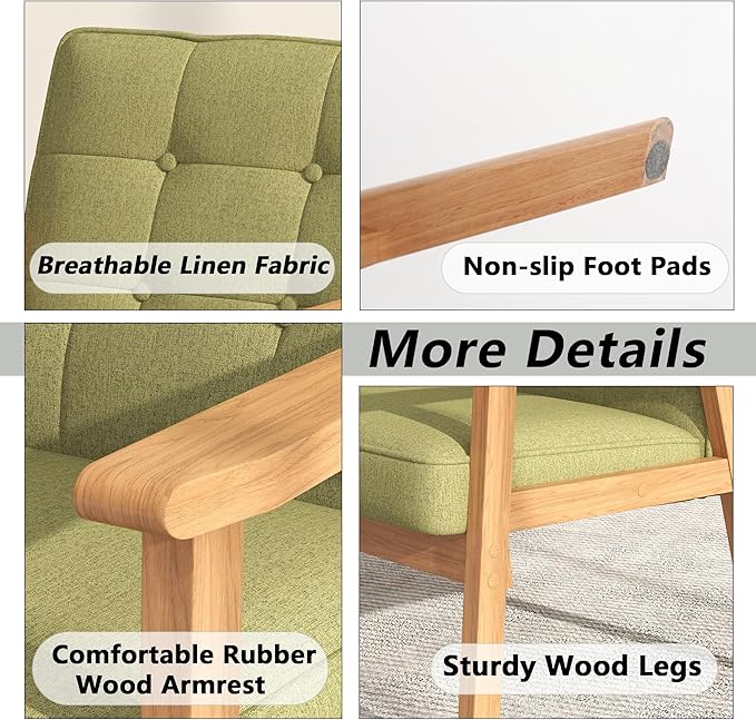 Modern Accent Chair with Wooden Table, Upholstered Linen Fabric Leisure Chair Comfy Side Chair with Backrest Button and Arm Rest for Living Room Bedroom Reading(Green)
